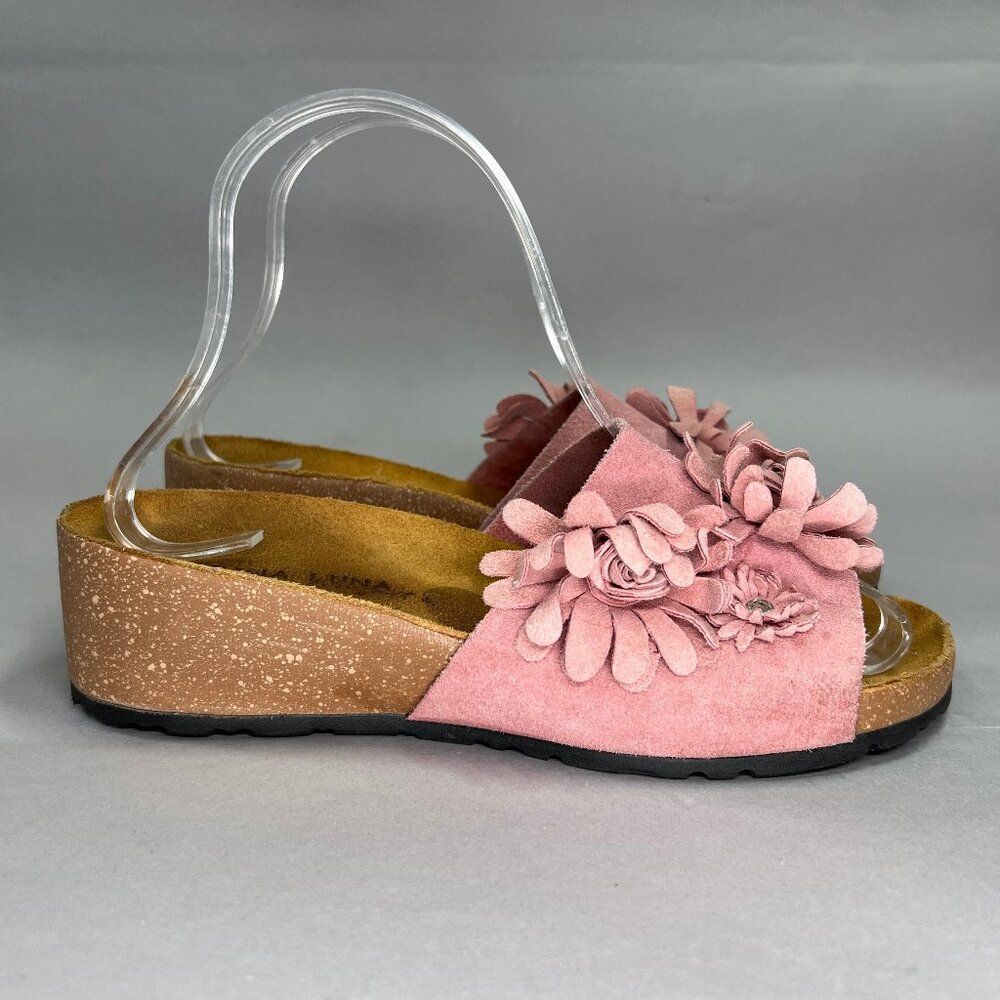 Marina Luna Sandals Women's Size 6.5 Pink Suede Floral Cork Slide Flip Flops‎